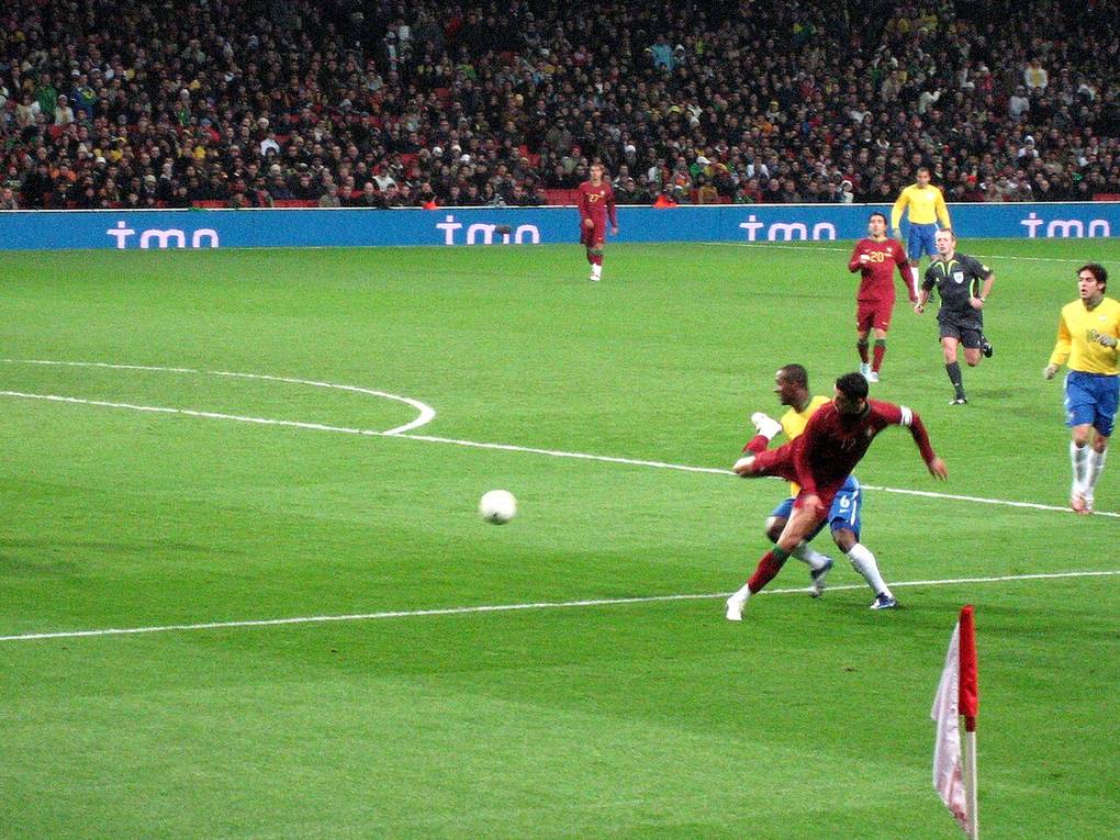 Cristiano Ronaldo playing for Portugal against Brazil in a match photo