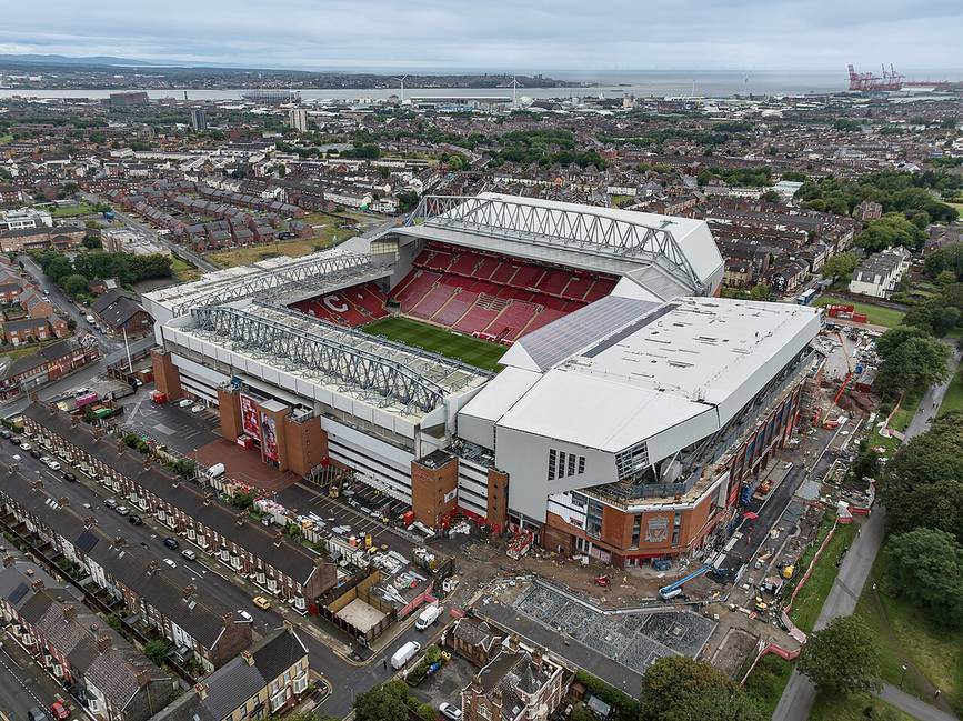 Anfield stadium in Liverpool showing the pitch and stands