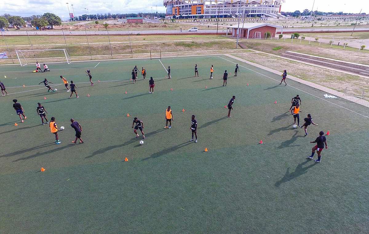 An aerial view of players on a football pitch