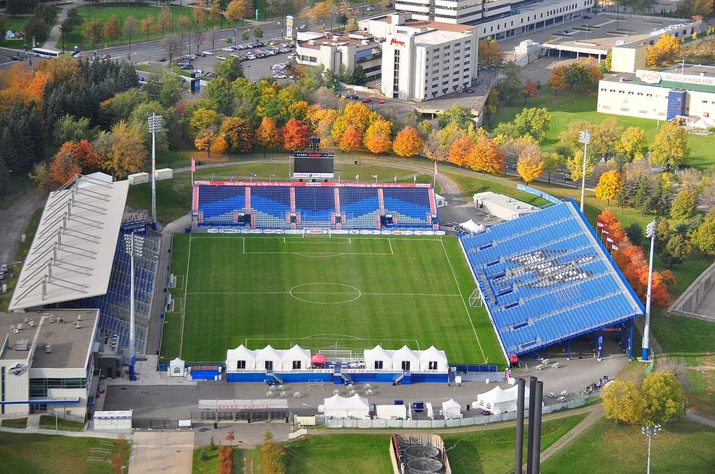 Aerial view of Saputo Stadium in Montreal in autumn