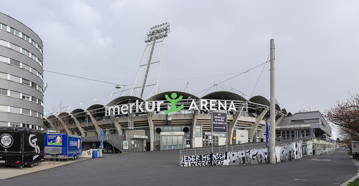 Vista exterior del Merkur Arena de Graz, sede del Sturm Graz vs Marsella