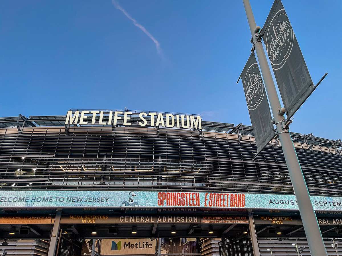 MetLife Stadium in East Rutherford, New Jersey, photographed from outside showing its stands and roof