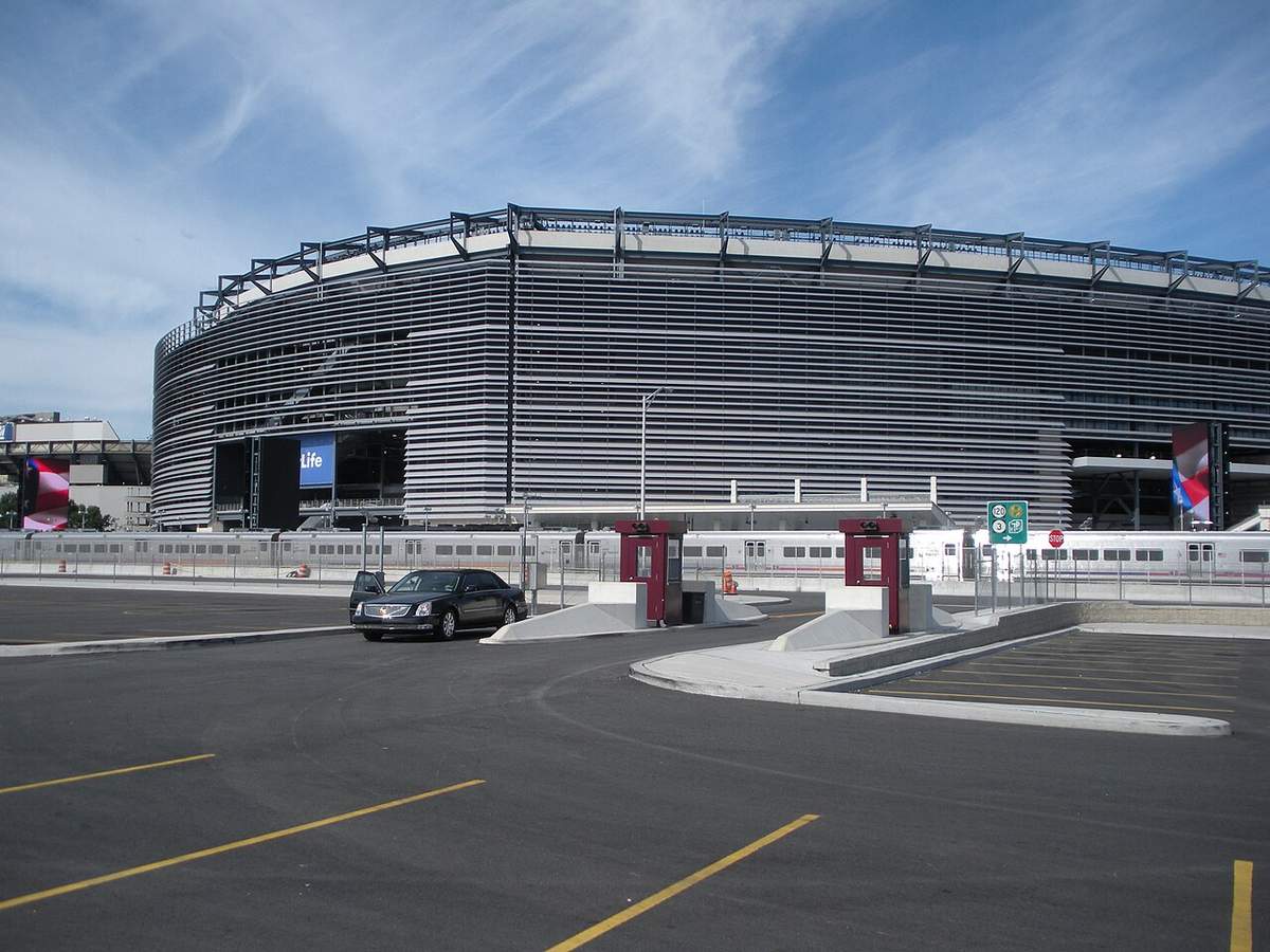The exterior of the stadium in the Meadowlands sports complex in New Jersey, home of the 2026 World Cup final