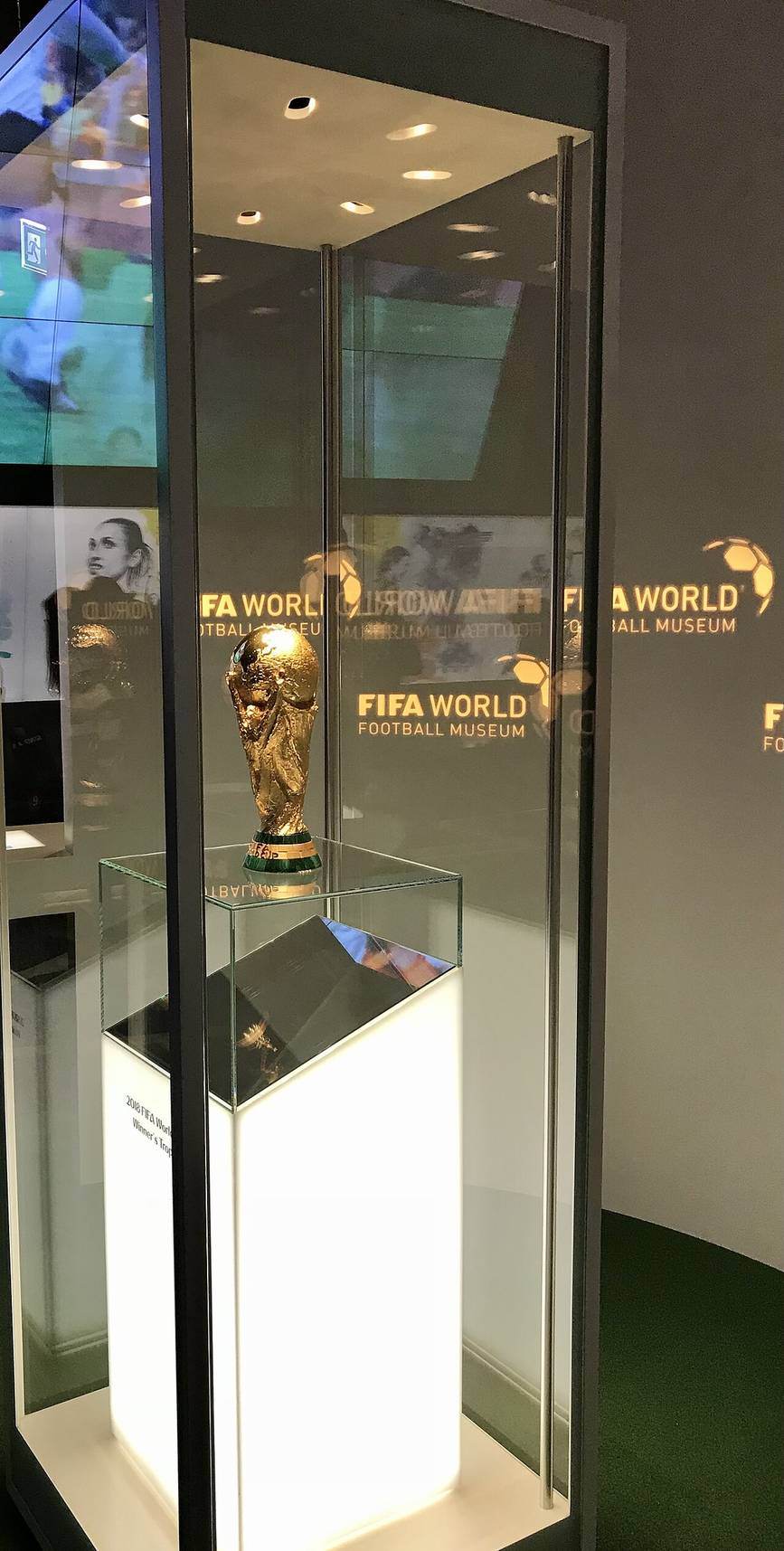 O troféu da Copa do Mundo, dourado, fotografado em close